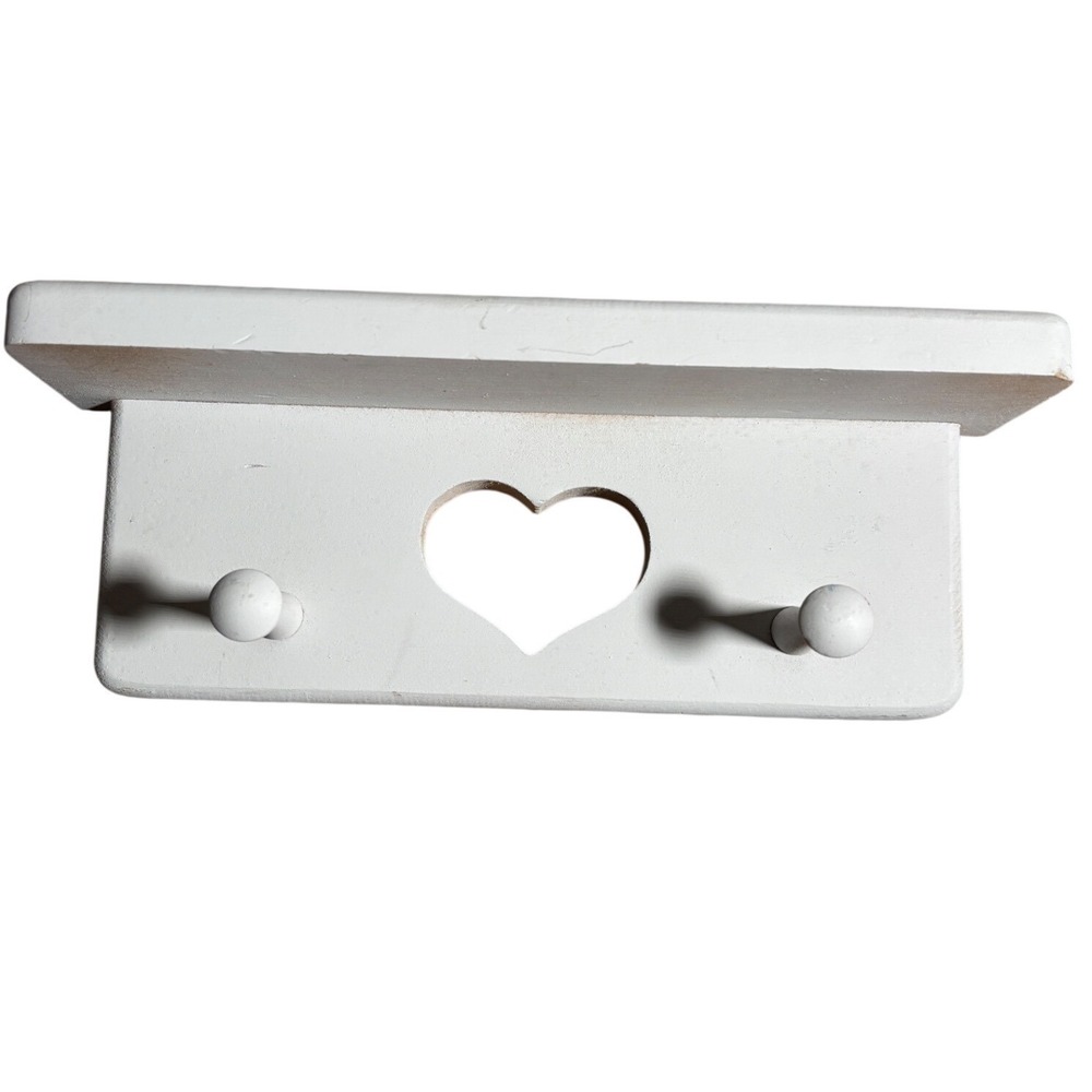 Wooden Heart‎ Cutout Wall Shelf 2 Peg Hooks Shabby Chic Farmhouse Cottagecore